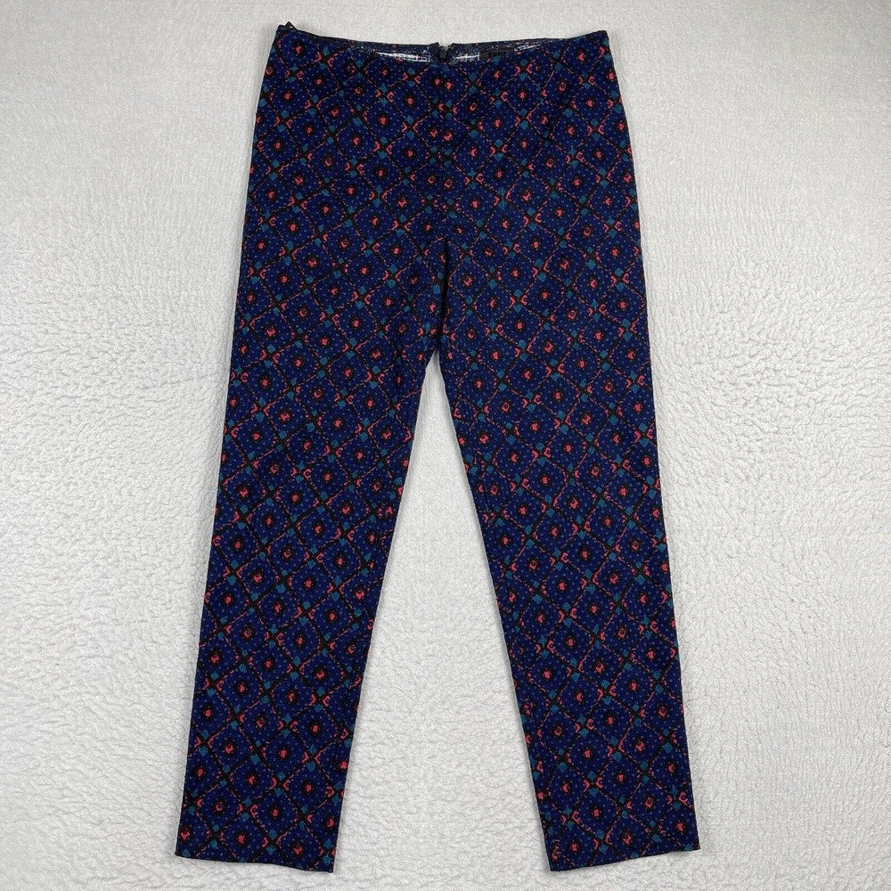 Anna Sui Pants Womens 4‎ Blue Red Geometric Back Zip Knit Career Casual Pant